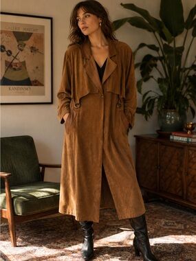 MOON LIGHT USA VINTAGE QUIET LUX FAUX SUEDE DUSTER TRENCH COAT COGNAC BROWN XL